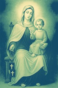 Blessed Mother holding the Child Jesus in one arm and the scapular in the other hand