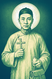 Asian man holding a cross in one hand and a bag with a bottle in the other hand