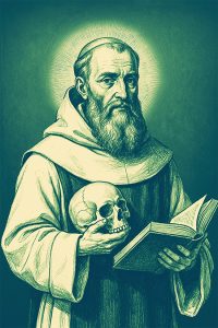 Saint Bruno in habit, holding book and skull