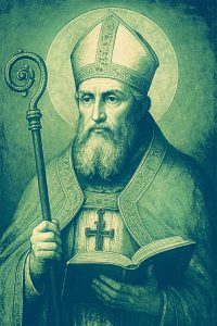 Saint Augustine dressed as a bishop holding a crosier and a book