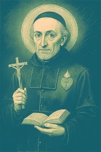portrait of Saint John Eudes holding cross and book with heart aflame on chest