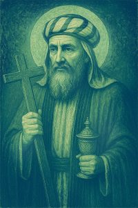 Saint Joseph of Arimathea holding a cross and anointing oil flask