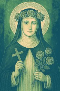 Saint Rose of Lima holding cross and roses with a wreath of roses on her head